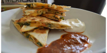 Around the World #2: Vegetable Quesadillas with a fiery red chili tomatillo salsa