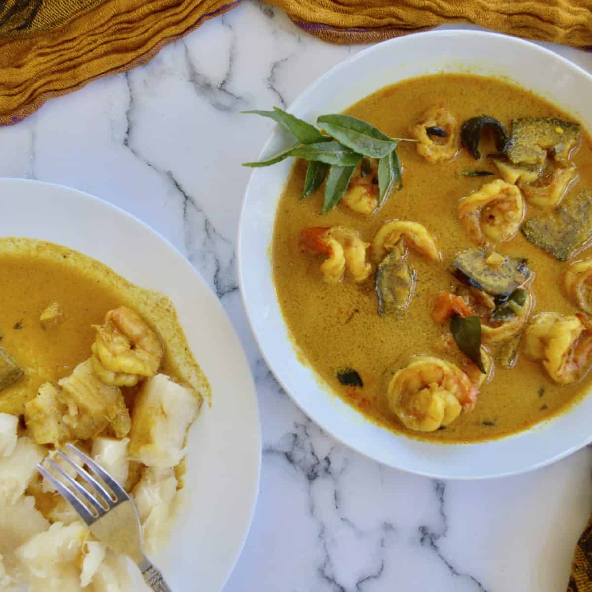 Shrimp and green plantain curry