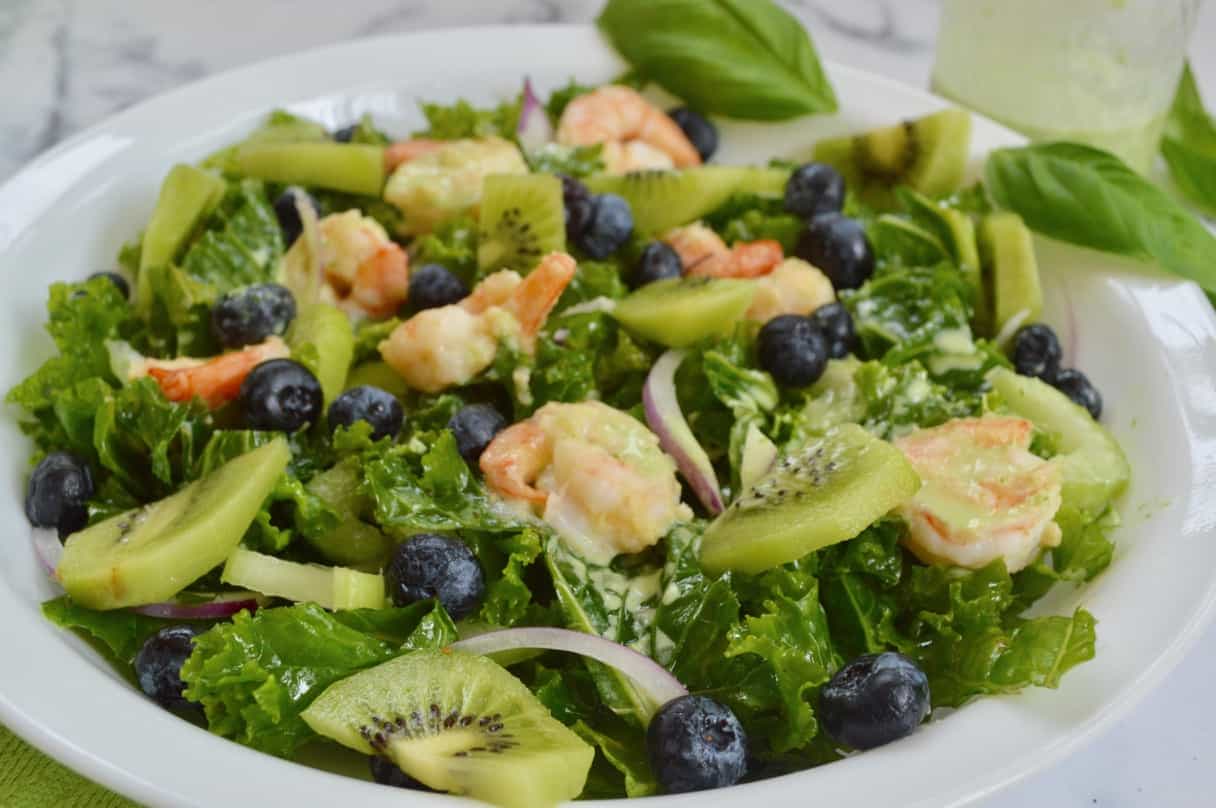 Kale and shrimp salad with a coconut basil dressing