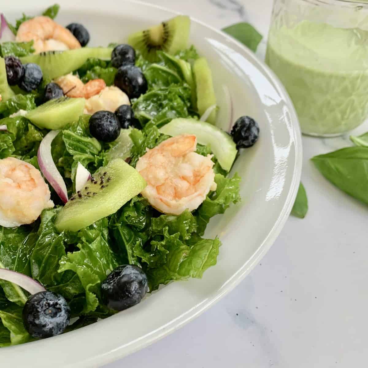Kale and Shrimp salad with coconut basil dressing