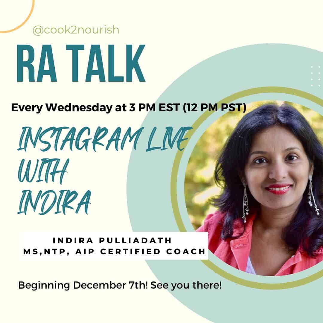 Hey guys! I will be starting a weekly Instagram Live every Wednesday at 3 PM EST to chat about ‘anything and everything RA’! Hope you can join me! I get so many DMs from you asking me different questions about my experience with RA, AIP, reintros, medications etc. So I thought why not have a weekly live chat! The first one will be next Wednesday, December 7th! You can send in your questions in advance too and I will make sure to answer them on the call. Feel free to ask your questions in the comments here or you can DM me too! I am looking forward to meeting you all!  Tag a friend who has RA and can benefit from this! #instagramlive #ratalk #rheumatoidearthritis #RA #aip #nutritionaltherapy #autoimmunedisease #autoimmuneprotocol #rawarrior
