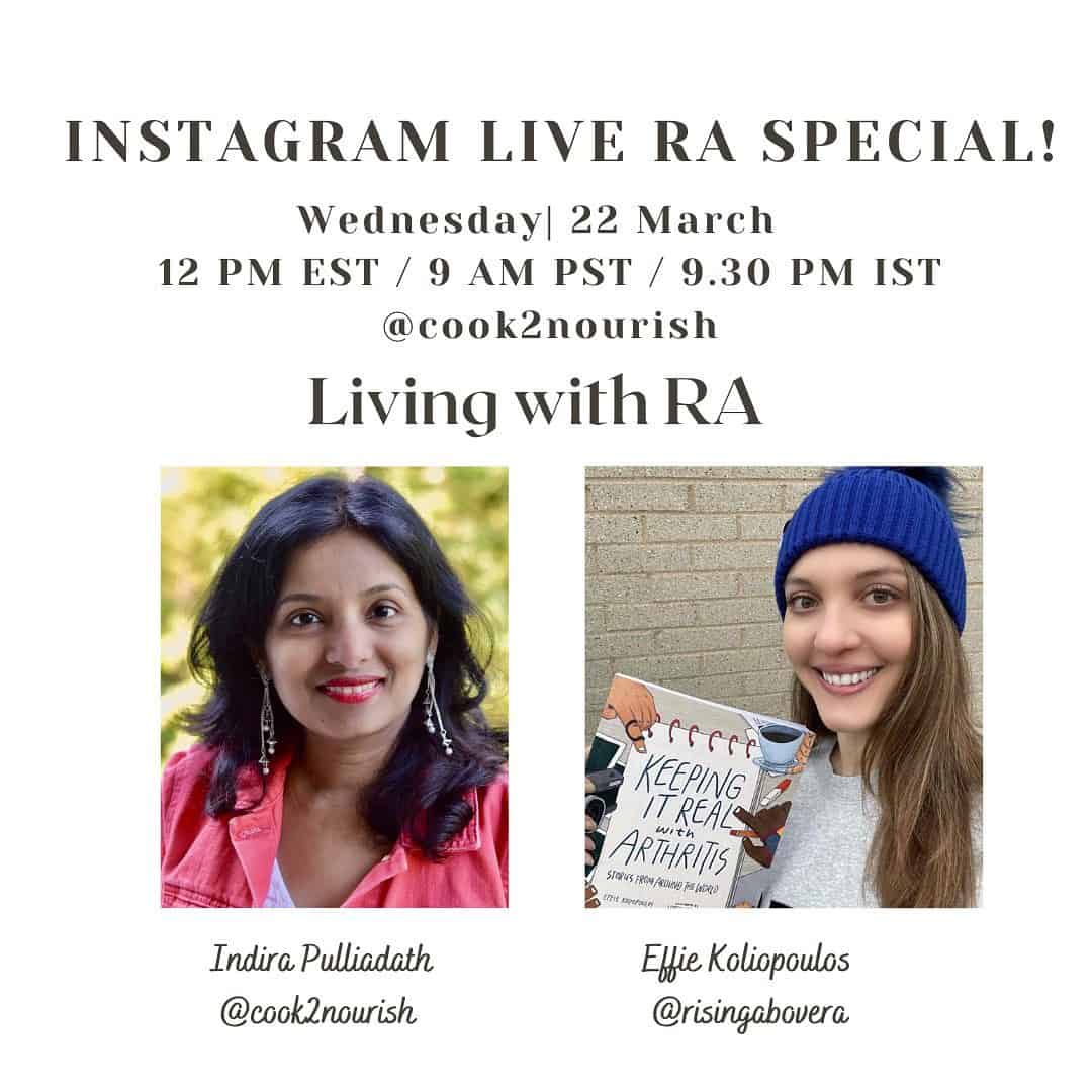 Hey guys! This week on my instagram live, I will be chatting with Effie from @risingabovera. Effie is an RA warrior managing her life with a combination of different strategies. Effie also created a book ‘Keeping it Real with Arthritis’ with real stories from people living with the disease. So join us this Wednesday at 12 PM EST as we chat about everything RA! Please note that I am moving my Instagram Live to a new time 12 PM EST / 9.30 PM IST so even other international folks can join! rheumatoidarthritis #ratalk #livingwithra #autoimmunedisease #chronicpain #arthritis #instagramlive